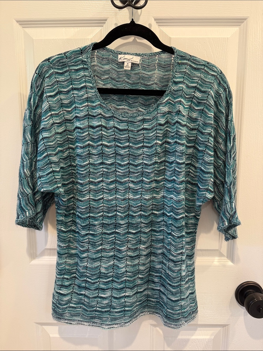 Kim Rogers Teal & Aqua Chevron Knit Short Sleeve Top